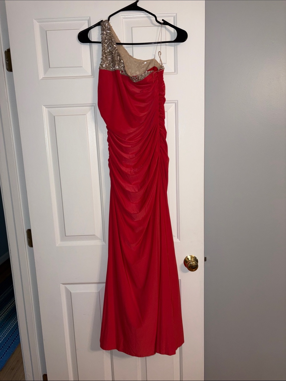 Red One-Shoulder Evening Gown with Sequin Accent